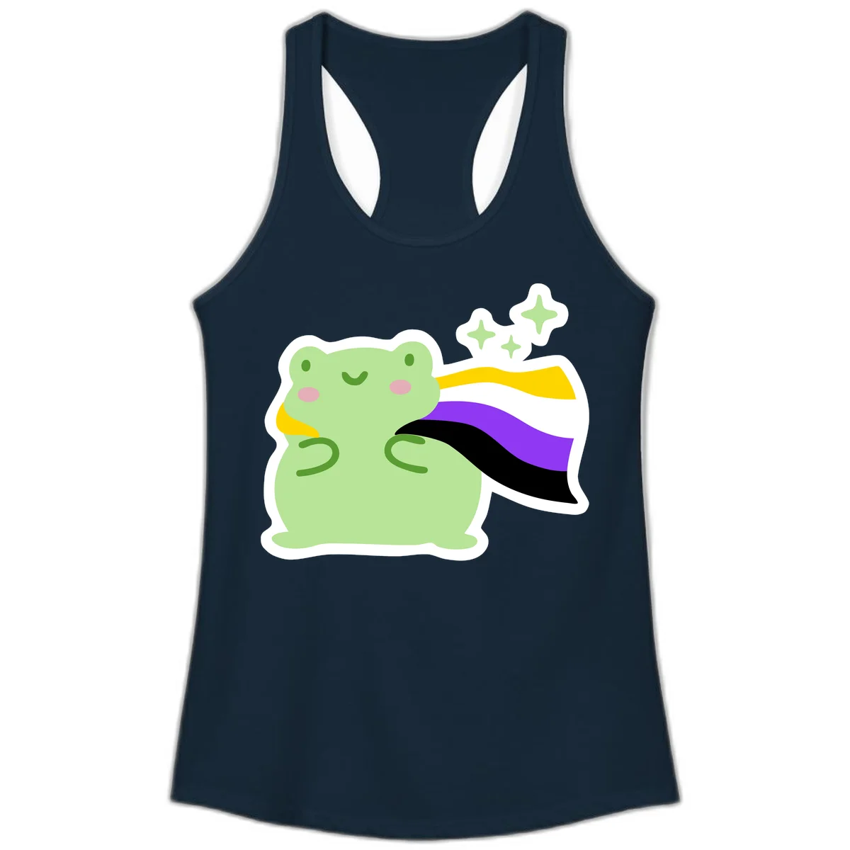 Cute green frog with pink cheeks wearing a yellow, purple, and black rainbow cape with floating sparkle stars in Solid Midnight Navy