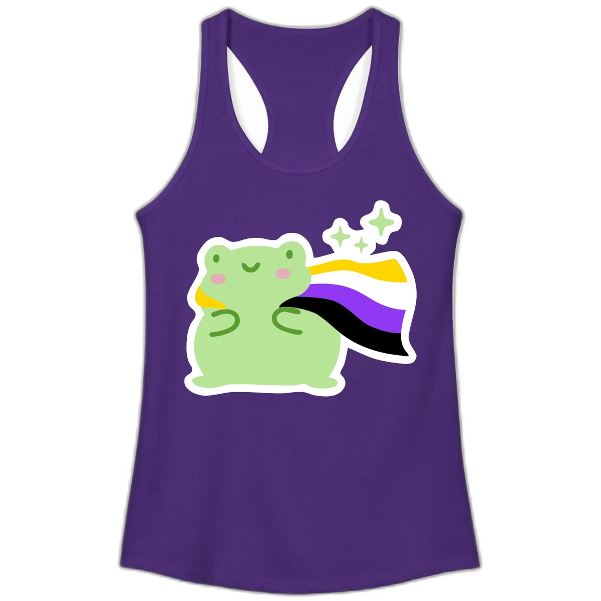 Cute green frog with pink cheeks wearing a yellow, purple, and black rainbow cape with floating sparkle stars in Solid Purple Rush