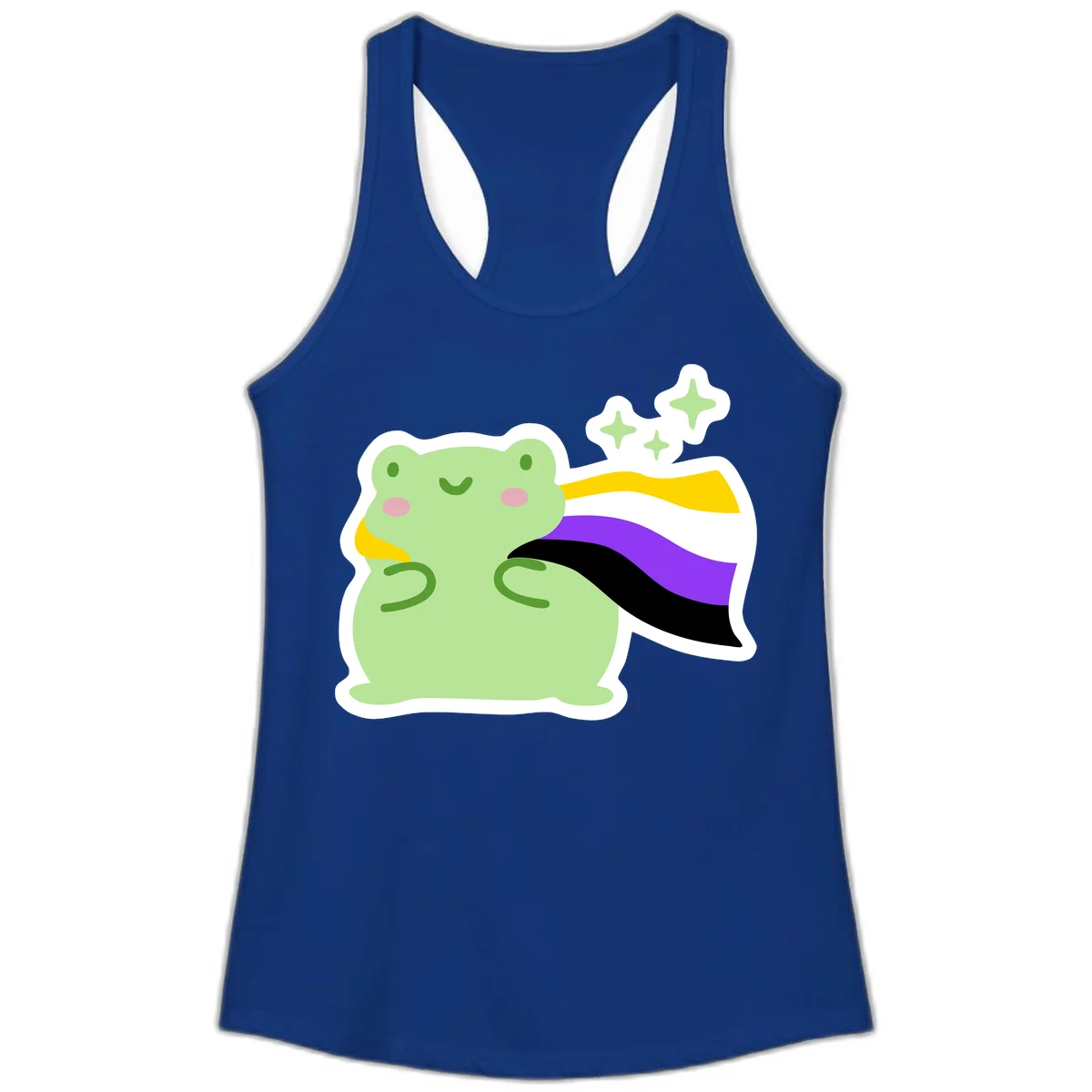 Cute green frog with pink cheeks wearing a yellow, purple, and black rainbow cape with floating sparkle stars in Solid Royal