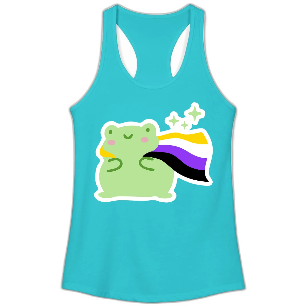 Cute green frog with pink cheeks wearing a yellow, purple, and black rainbow cape with floating sparkle stars in Solid Tahiti Blue