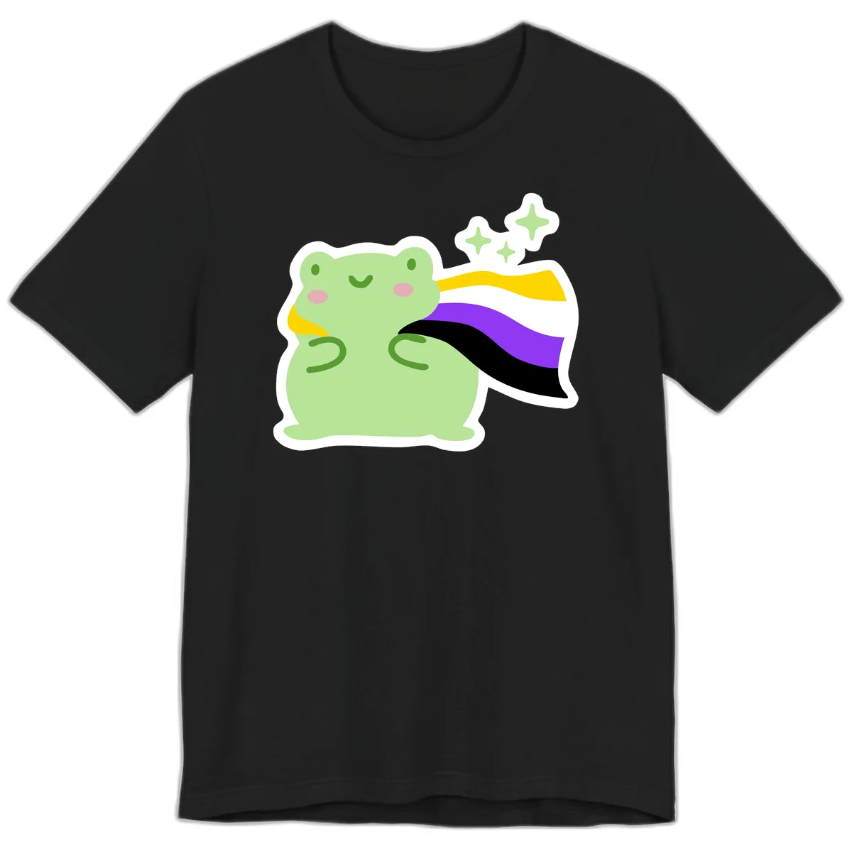 Cute green frog with pink cheeks wearing a yellow, purple, and black rainbow cape with floating sparkle stars in Black