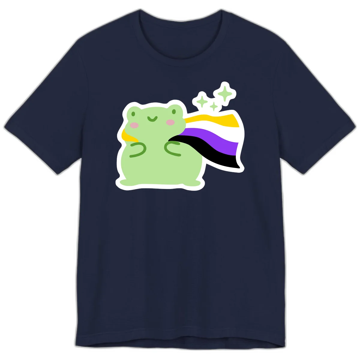 Cute green frog with pink cheeks wearing a yellow, purple, and black rainbow cape with floating sparkle stars in Navy