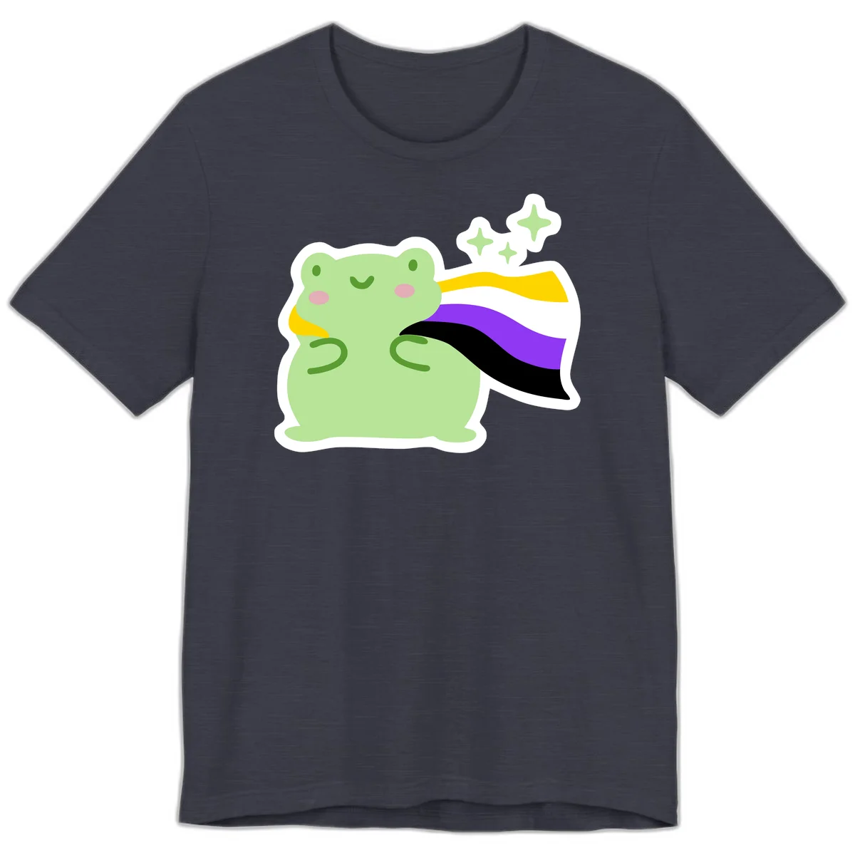 Cute green frog with pink cheeks wearing a yellow, purple, and black rainbow cape with floating sparkle stars in Heather Midnight Navy