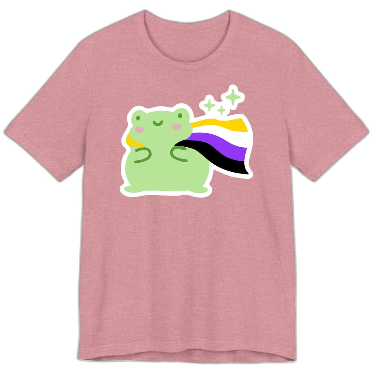 Cute green frog with pink cheeks wearing a yellow, purple, and black rainbow cape with floating sparkle stars in Heather Orchid