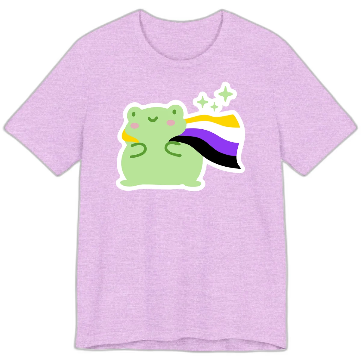 Cute green frog with pink cheeks wearing a yellow, purple, and black rainbow cape with floating sparkle stars in Heather Prism Lilac