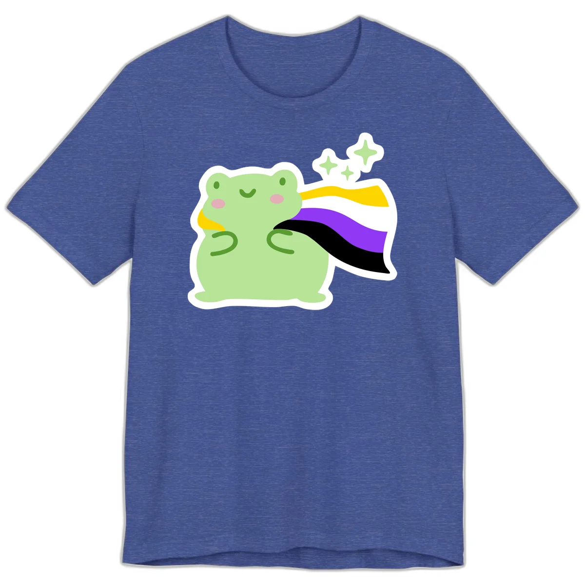 Cute green frog with pink cheeks wearing a yellow, purple, and black rainbow cape with floating sparkle stars in Heather True Royal