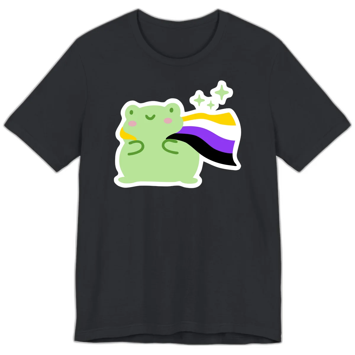 Cute green frog with pink cheeks wearing a yellow, purple, and black rainbow cape with floating sparkle stars in Vintage Black