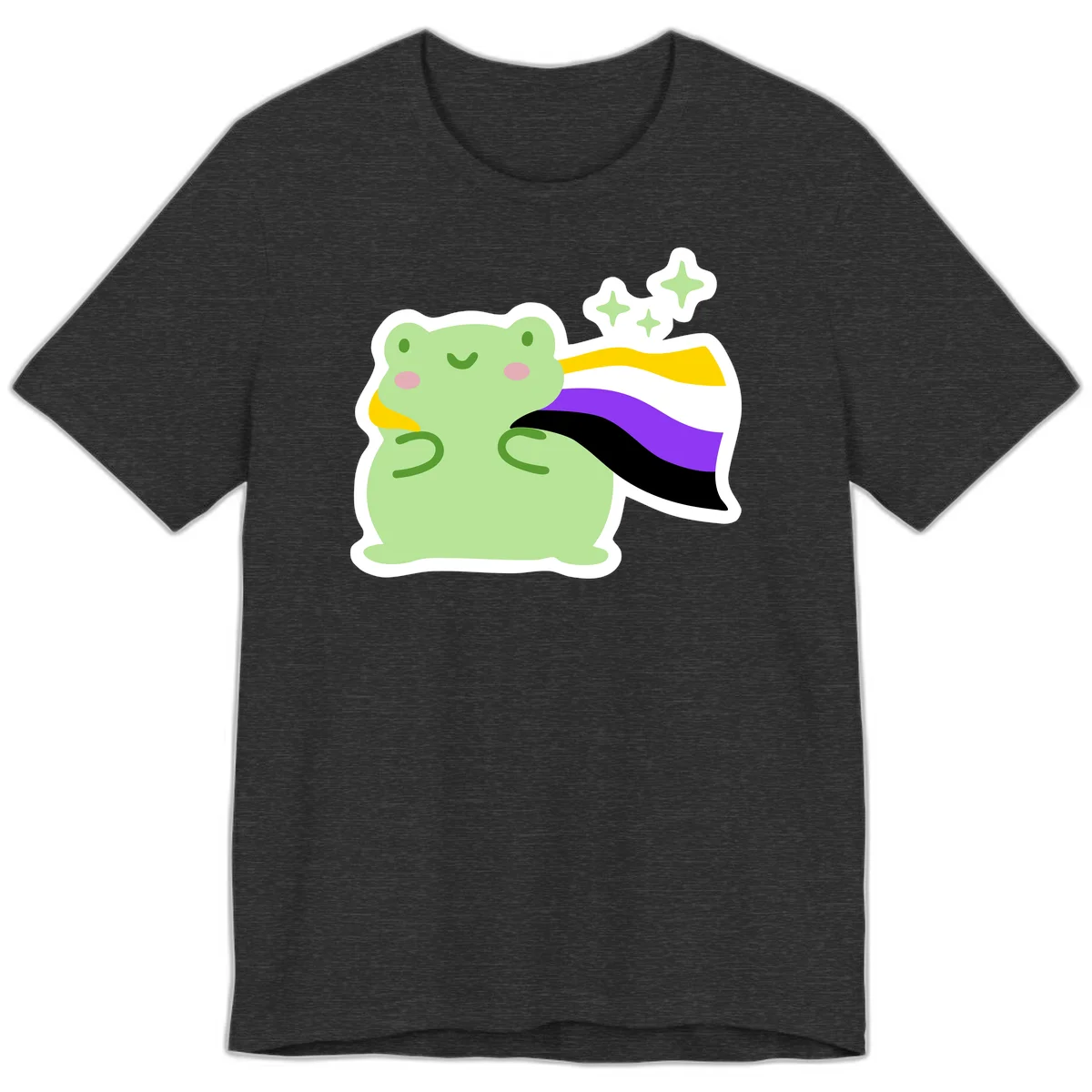 Cute green frog with pink cheeks wearing a yellow, purple, and black rainbow cape with floating sparkle stars in Dark Grey Heather