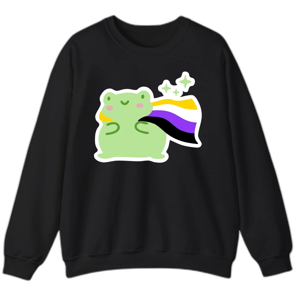 Cute green frog with pink cheeks wearing a yellow, purple, and black rainbow cape with floating sparkle stars in Black