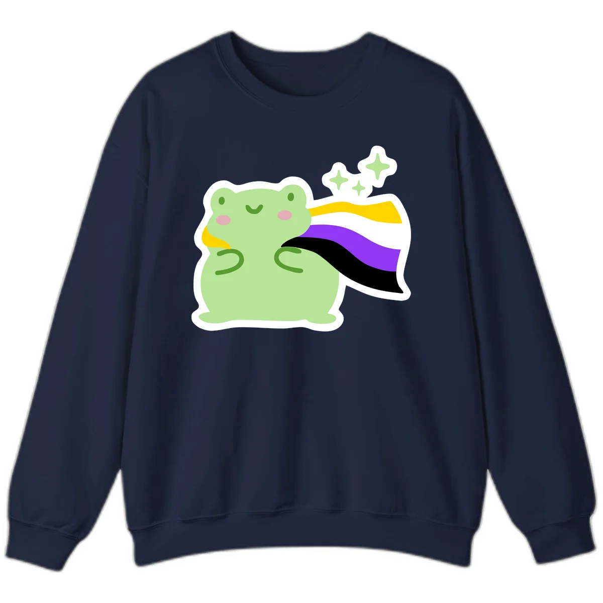 Cute green frog with pink cheeks wearing a yellow, purple, and black rainbow cape with floating sparkle stars in Navy