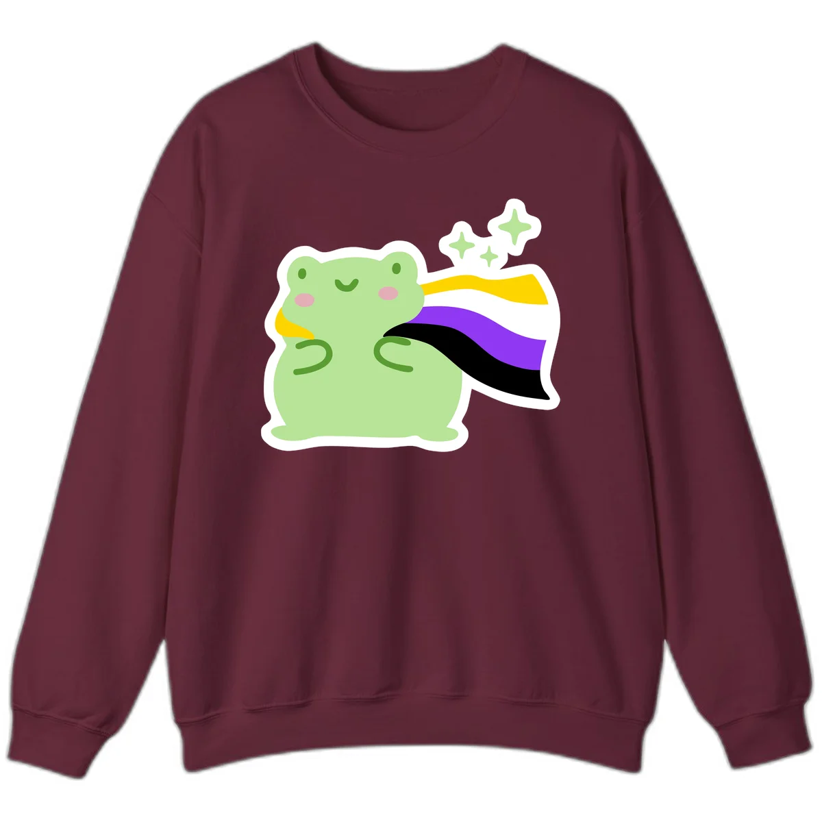 Cute green frog with pink cheeks wearing a yellow, purple, and black rainbow cape with floating sparkle stars in Maroon