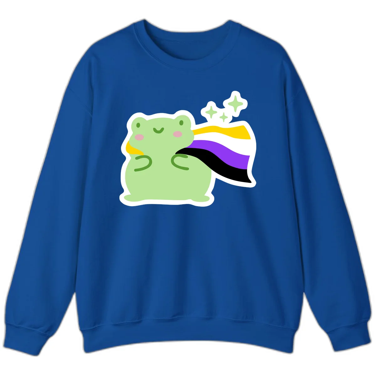 Cute green frog with pink cheeks wearing a yellow, purple, and black rainbow cape with floating sparkle stars in Royal