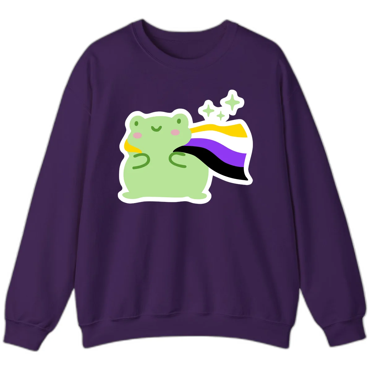 Cute green frog with pink cheeks wearing a yellow, purple, and black rainbow cape with floating sparkle stars in Purple