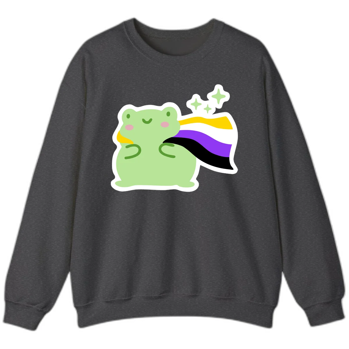 Cute green frog with pink cheeks wearing a yellow, purple, and black rainbow cape with floating sparkle stars in Dark Heather