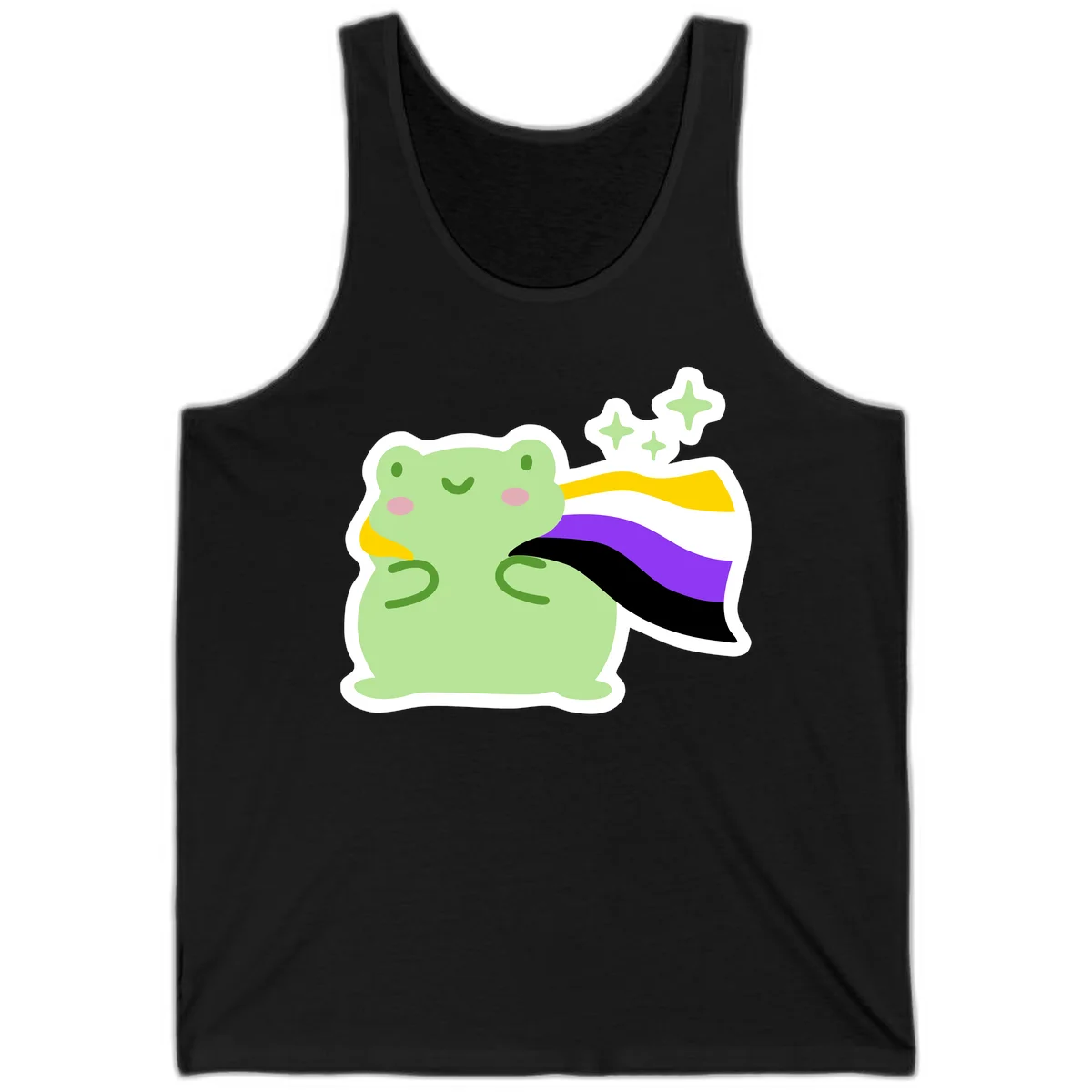 Cute green frog with pink cheeks wearing a yellow, purple, and black rainbow cape with floating sparkle stars in Black