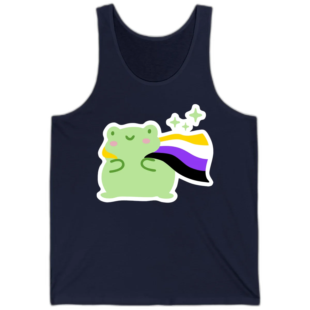 Cute green frog with pink cheeks wearing a yellow, purple, and black rainbow cape with floating sparkle stars in Navy