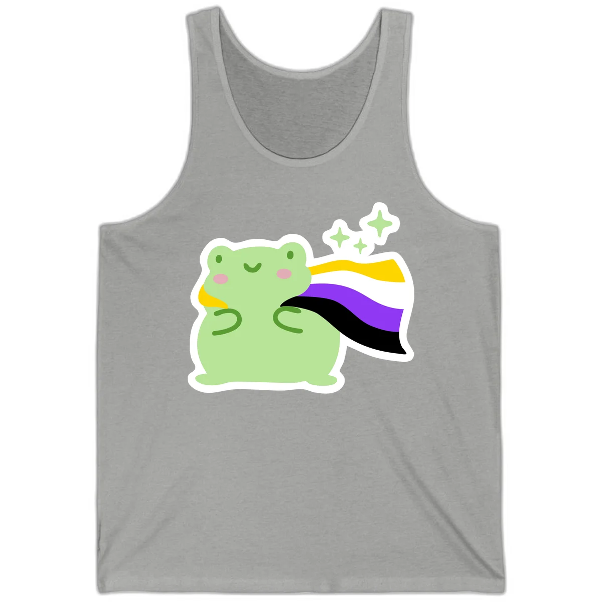 Cute green frog with pink cheeks wearing a yellow, purple, and black rainbow cape with floating sparkle stars in Athletic Heather