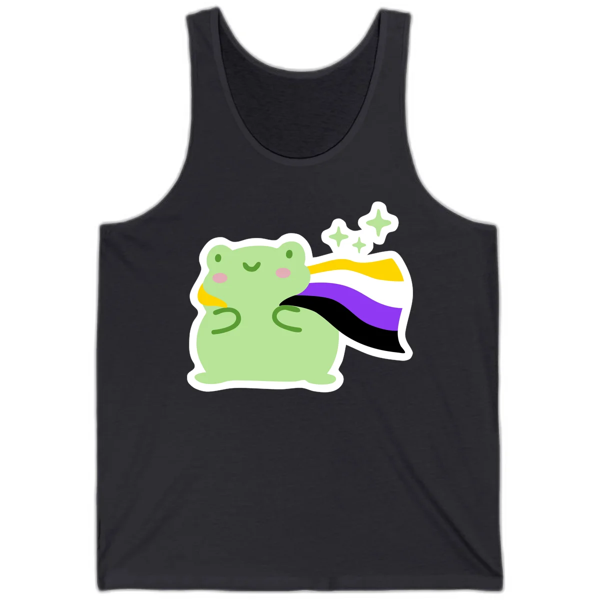 Cute green frog with pink cheeks wearing a yellow, purple, and black rainbow cape with floating sparkle stars in Dark Grey