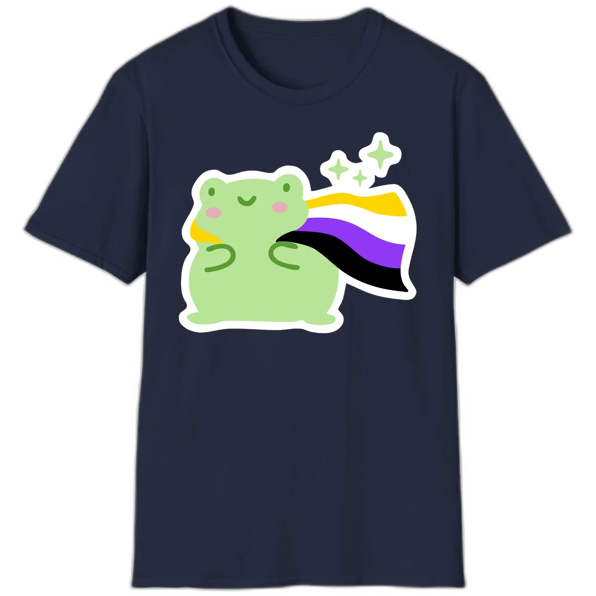 Cute green frog with pink cheeks wearing a yellow, purple, and black rainbow cape with floating sparkle stars in Navy