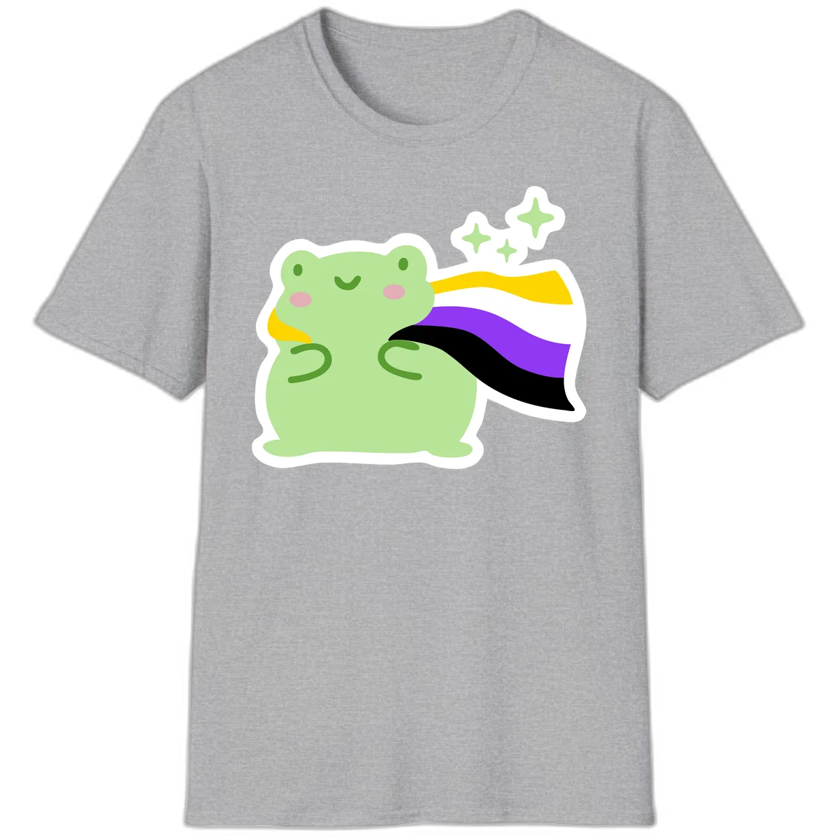 Cute green frog with pink cheeks wearing a yellow, purple, and black rainbow cape with floating sparkle stars in Sport Grey