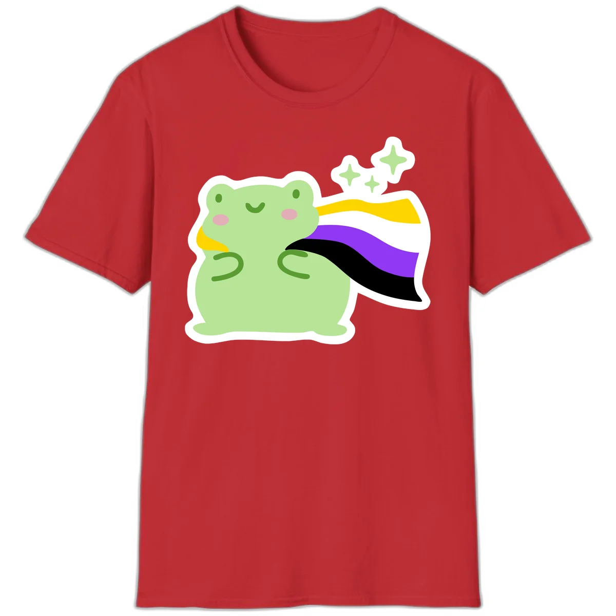Cute green frog with pink cheeks wearing a yellow, purple, and black rainbow cape with floating sparkle stars in Red