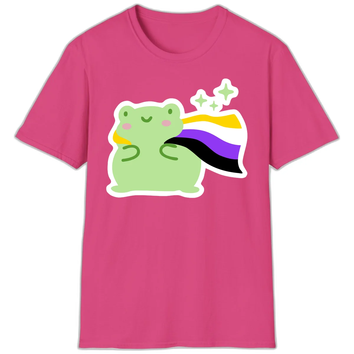 Cute green frog with pink cheeks wearing a yellow, purple, and black rainbow cape with floating sparkle stars in Heliconia
