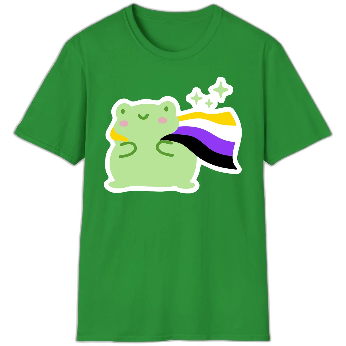 Cute green frog with pink cheeks wearing a yellow, purple, and black rainbow cape with floating sparkle stars in Irish Green