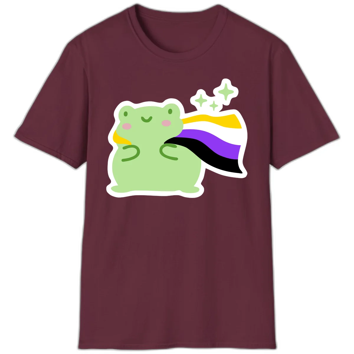 Cute green frog with pink cheeks wearing a yellow, purple, and black rainbow cape with floating sparkle stars in Maroon