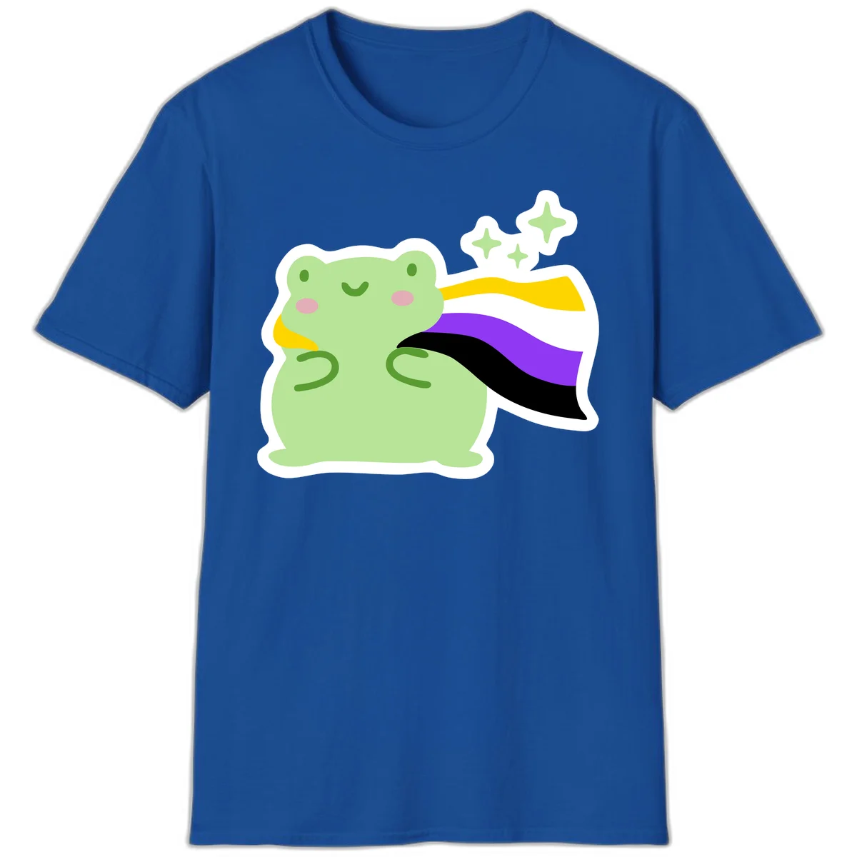 Cute green frog with pink cheeks wearing a yellow, purple, and black rainbow cape with floating sparkle stars in Royal