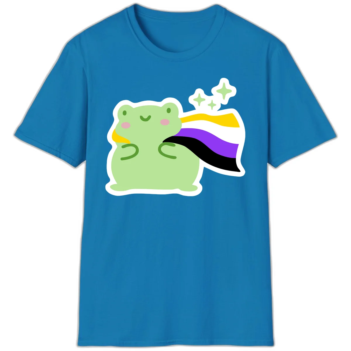 Cute green frog with pink cheeks wearing a yellow, purple, and black rainbow cape with floating sparkle stars in Sapphire