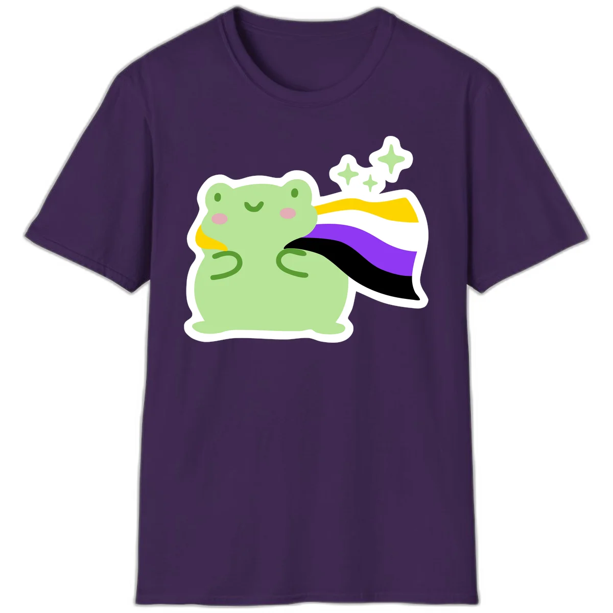 Cute green frog with pink cheeks wearing a yellow, purple, and black rainbow cape with floating sparkle stars in Purple
