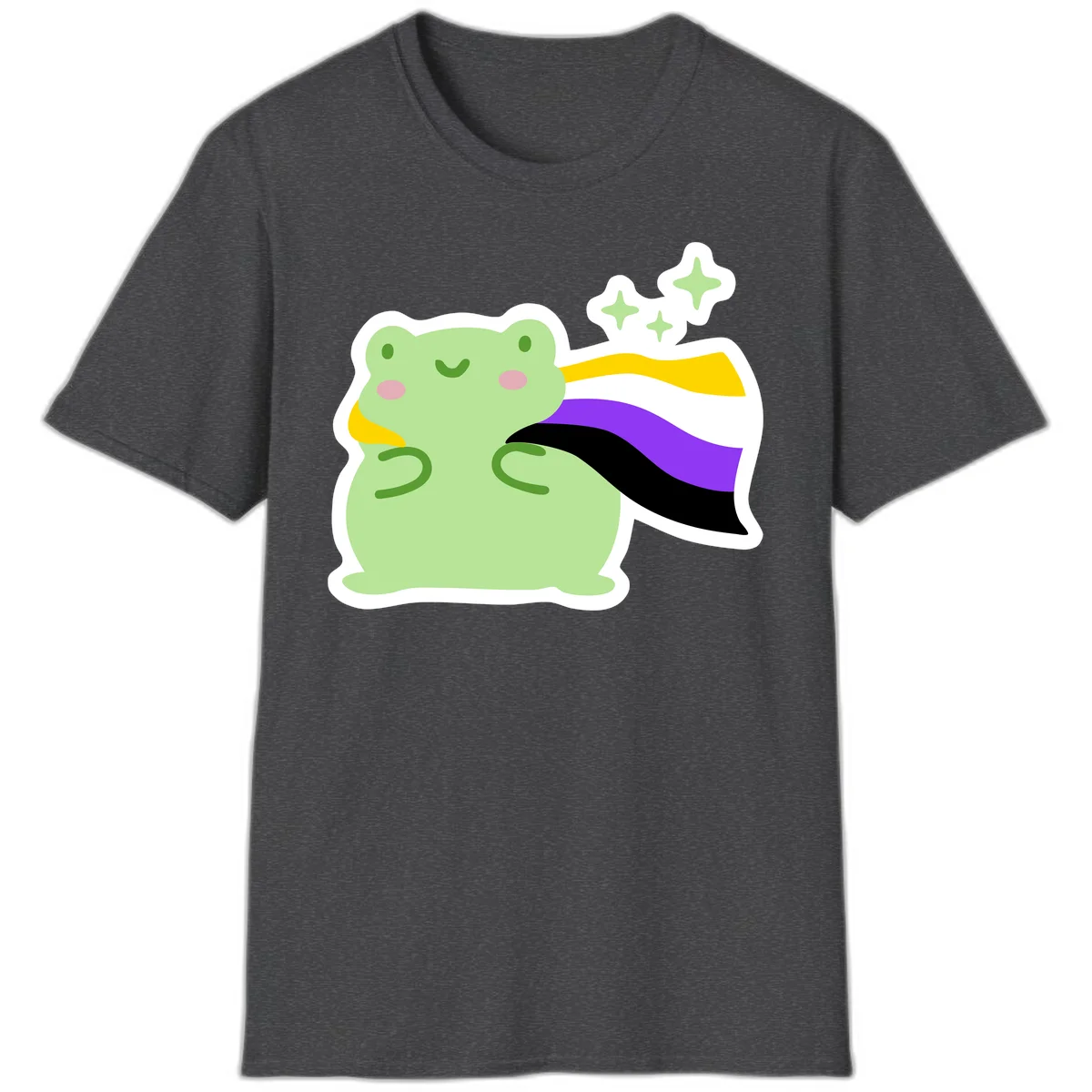 Cute green frog with pink cheeks wearing a yellow, purple, and black rainbow cape with floating sparkle stars in Dark Heather