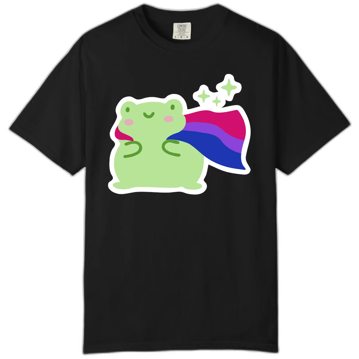 Smiling green frog wearing a flowing rainbow cape with floating sparkles, pride-frog-cape design illustration in Black
