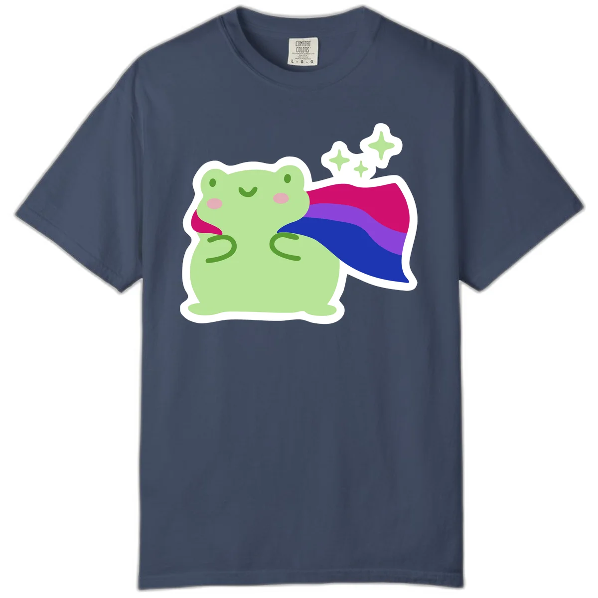 Smiling green frog wearing a flowing rainbow cape with floating sparkles, pride-frog-cape design illustration in Midnight
