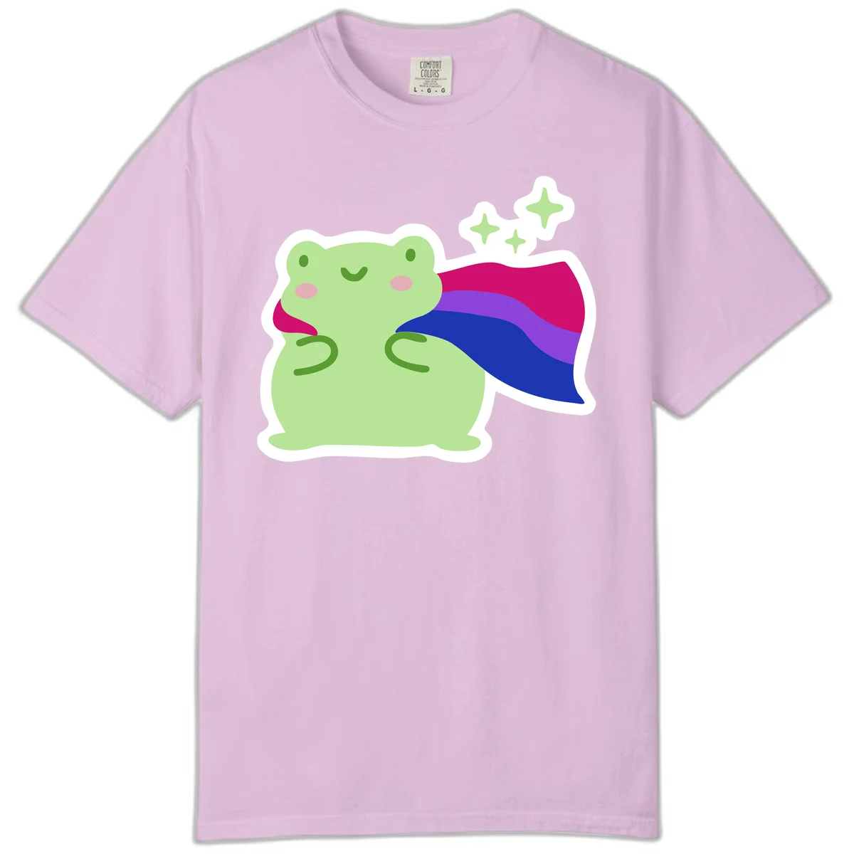 Smiling green frog wearing a flowing rainbow cape with floating sparkles, pride-frog-cape design illustration in Orchid