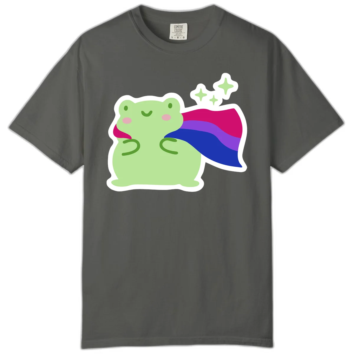 Smiling green frog wearing a flowing rainbow cape with floating sparkles, pride-frog-cape design illustration in Pepper