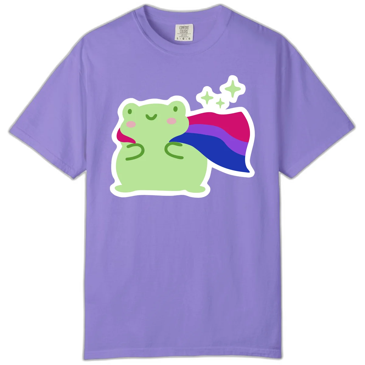 Smiling green frog wearing a flowing rainbow cape with floating sparkles, pride-frog-cape design illustration in Violet