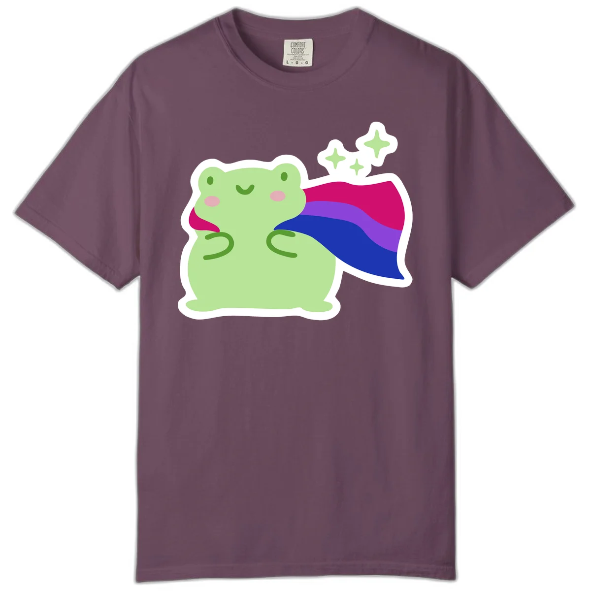Smiling green frog wearing a flowing rainbow cape with floating sparkles, pride-frog-cape design illustration in Berry