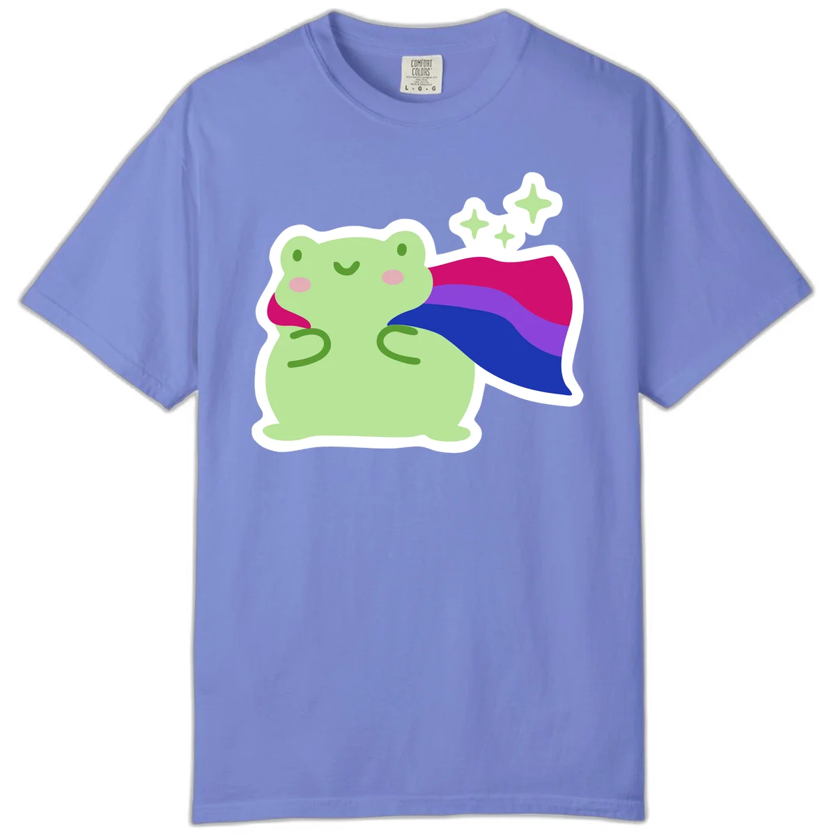 Smiling green frog wearing a flowing rainbow cape with floating sparkles, pride-frog-cape design illustration in Flo Blue