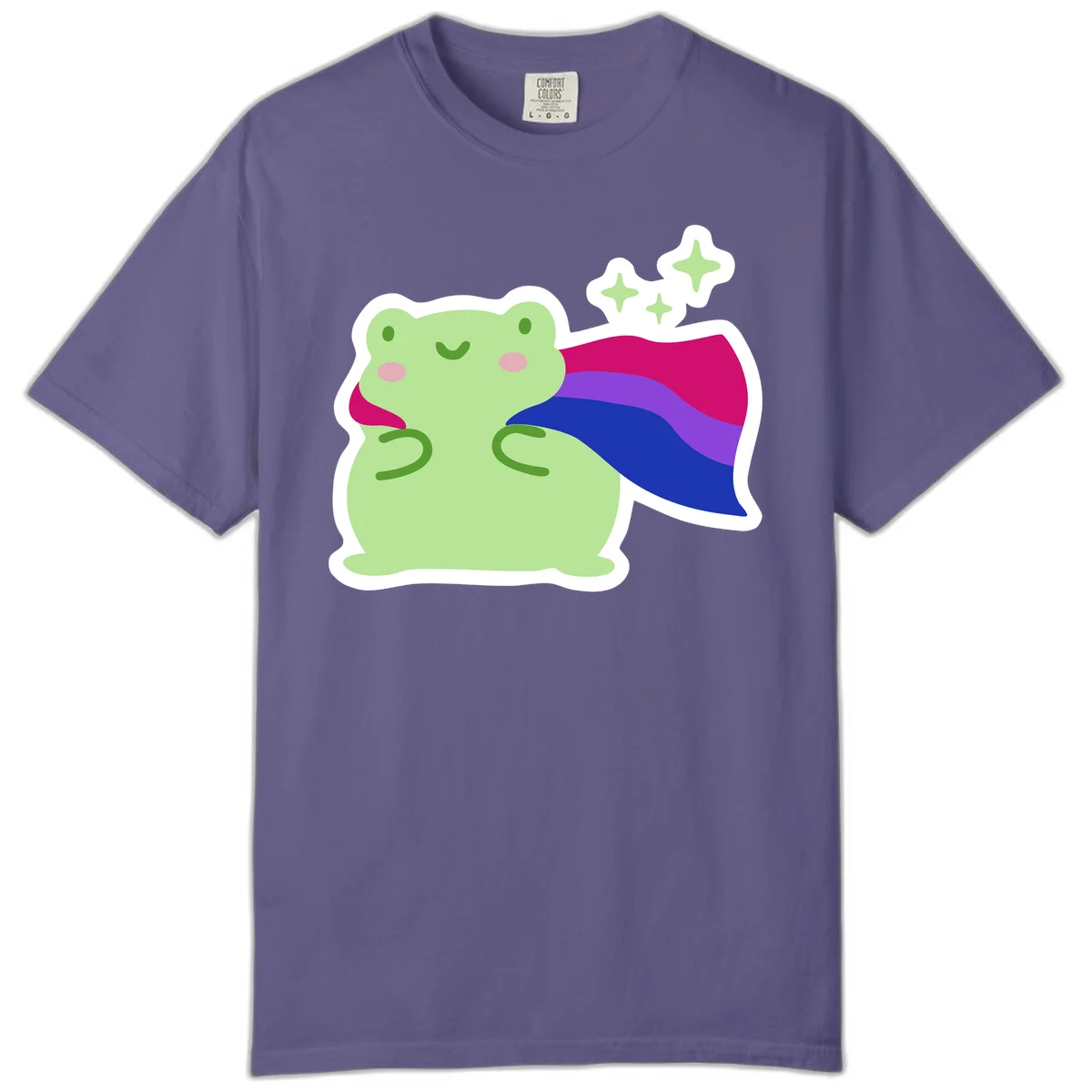 Smiling green frog wearing a flowing rainbow cape with floating sparkles, pride-frog-cape design illustration in Grape