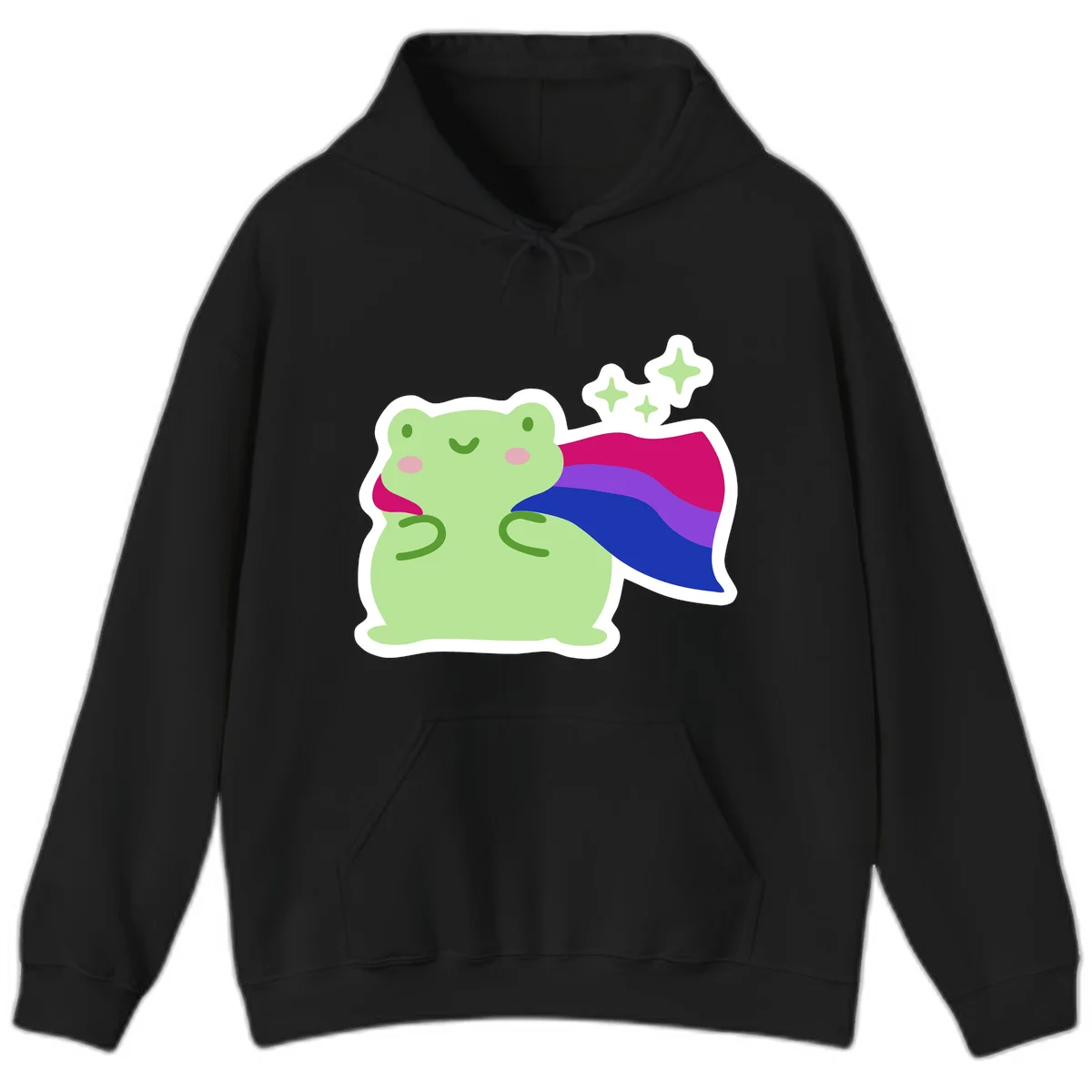 Smiling green frog wearing a flowing rainbow cape with floating sparkles, pride-frog-cape design illustration in Black