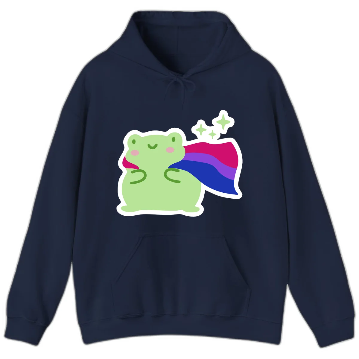 Smiling green frog wearing a flowing rainbow cape with floating sparkles, pride-frog-cape design illustration in Navy