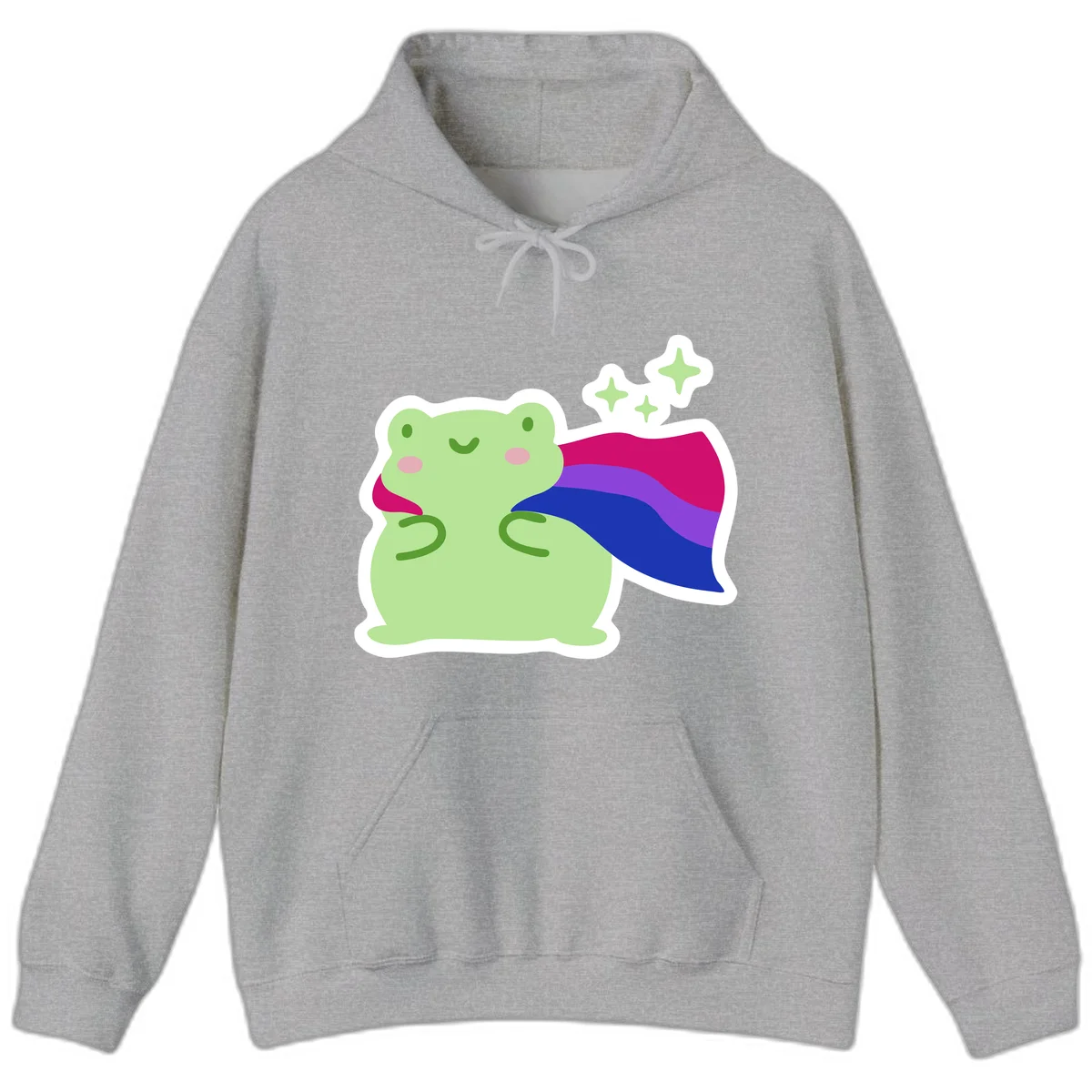 Smiling green frog wearing a flowing rainbow cape with floating sparkles, pride-frog-cape design illustration in Sport Grey