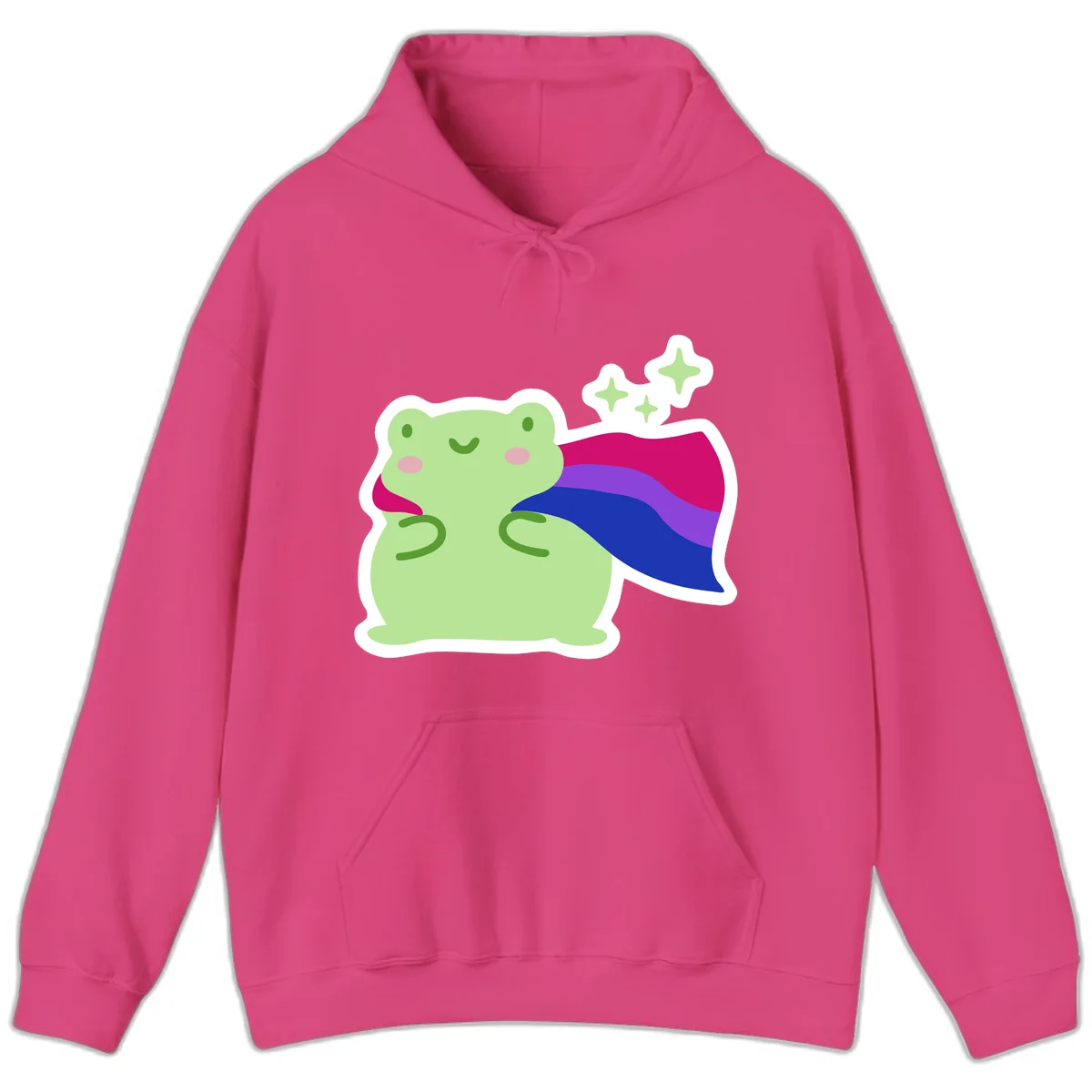 Smiling green frog wearing a flowing rainbow cape with floating sparkles, pride-frog-cape design illustration in Heliconia