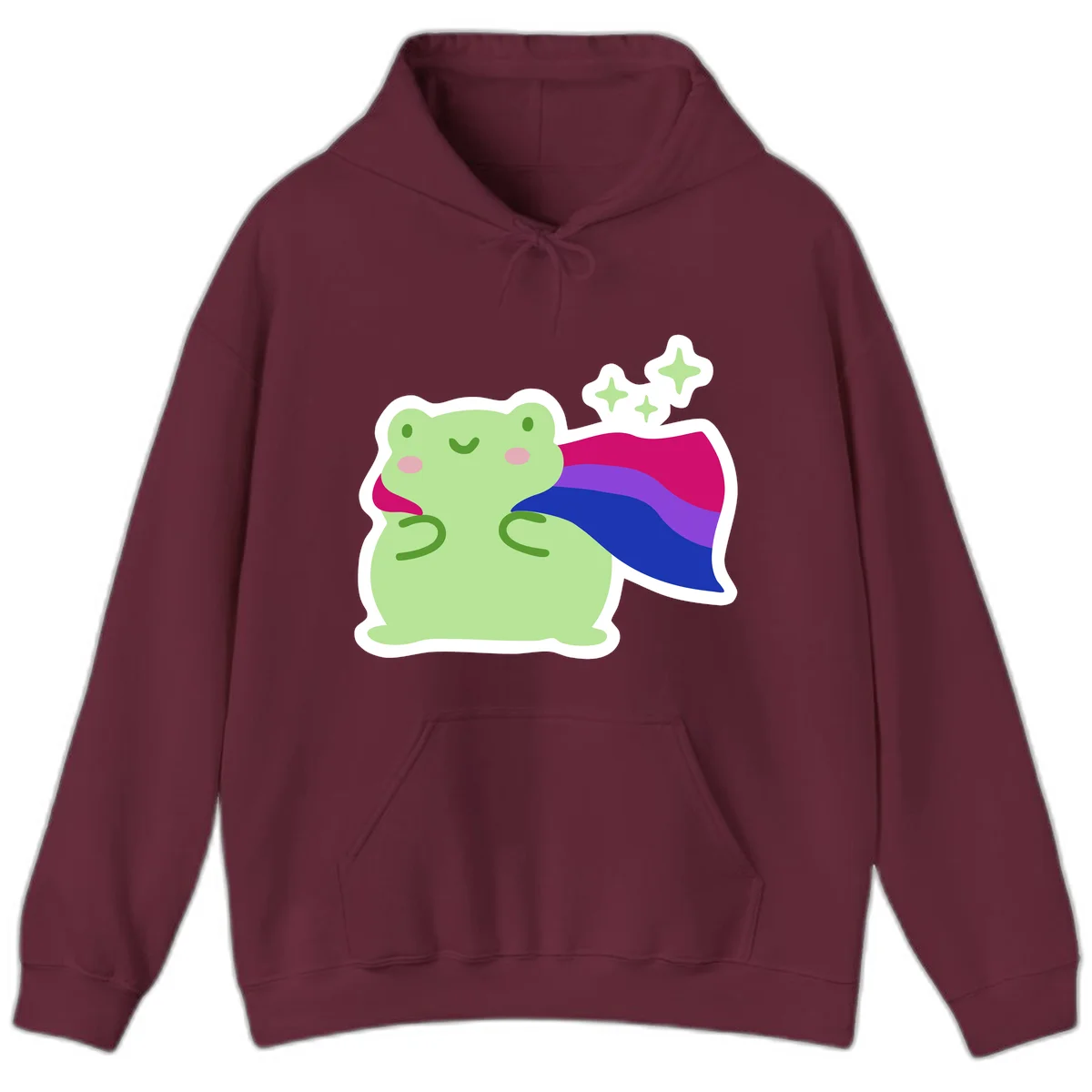 Smiling green frog wearing a flowing rainbow cape with floating sparkles, pride-frog-cape design illustration in Maroon