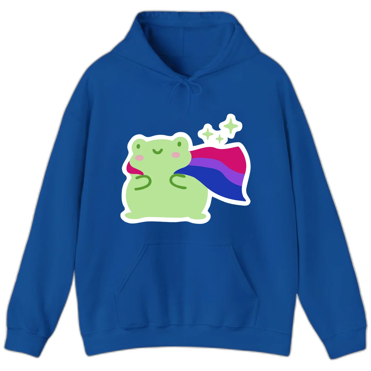Smiling green frog wearing a flowing rainbow cape with floating sparkles, pride-frog-cape design illustration in Royal