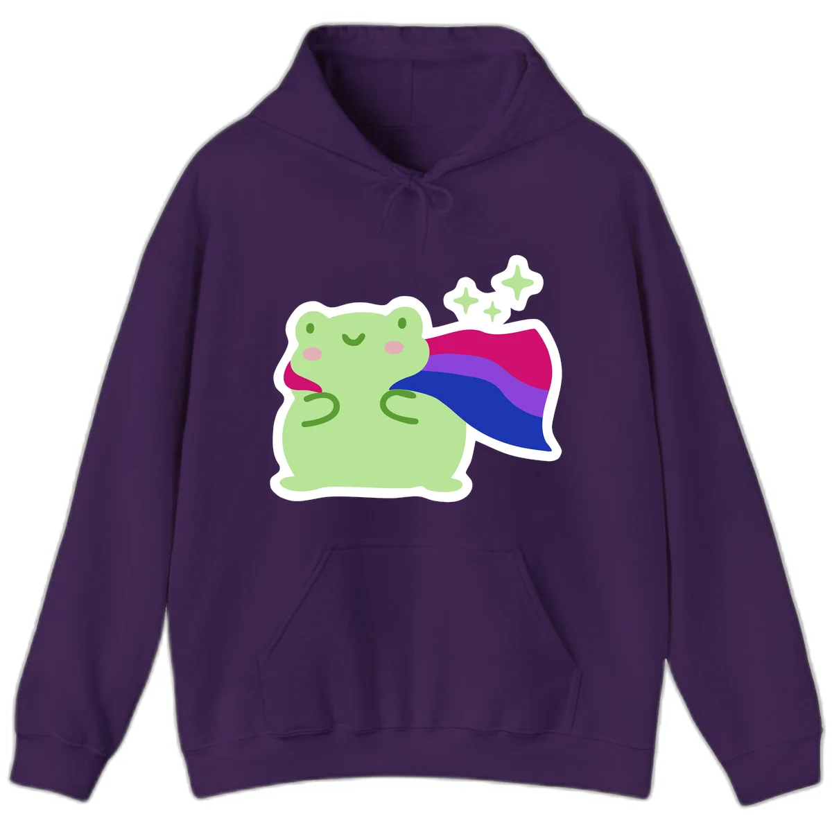 Smiling green frog wearing a flowing rainbow cape with floating sparkles, pride-frog-cape design illustration in Purple