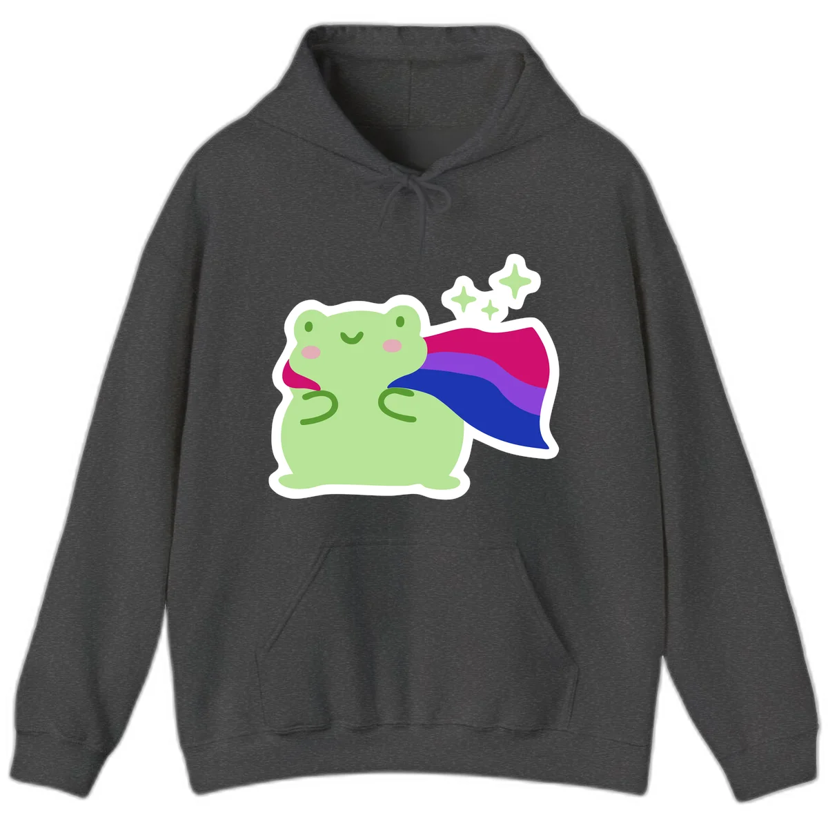 Smiling green frog wearing a flowing rainbow cape with floating sparkles, pride-frog-cape design illustration in Dark Heather