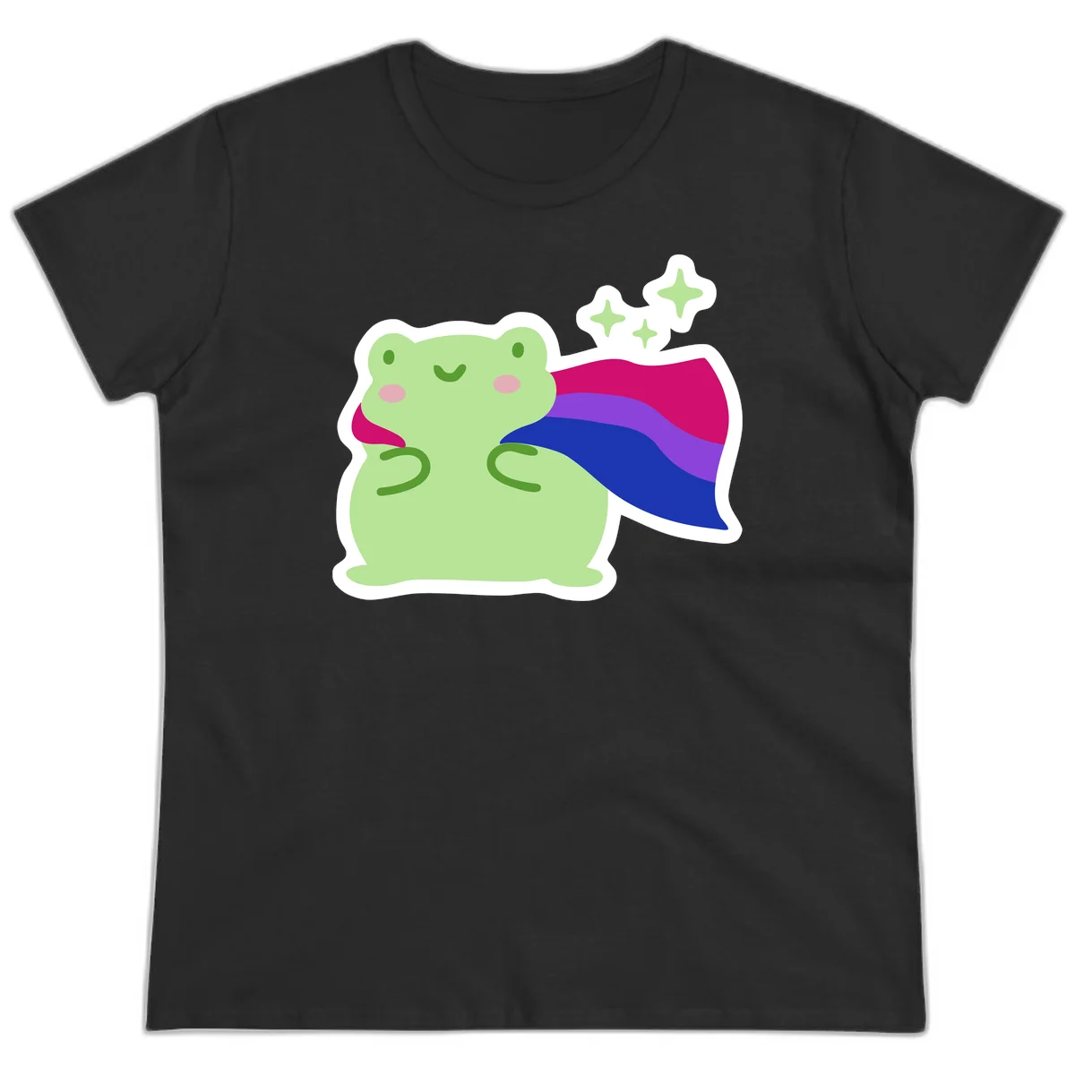 Smiling green frog wearing a flowing rainbow cape with floating sparkles, pride-frog-cape design illustration in Black