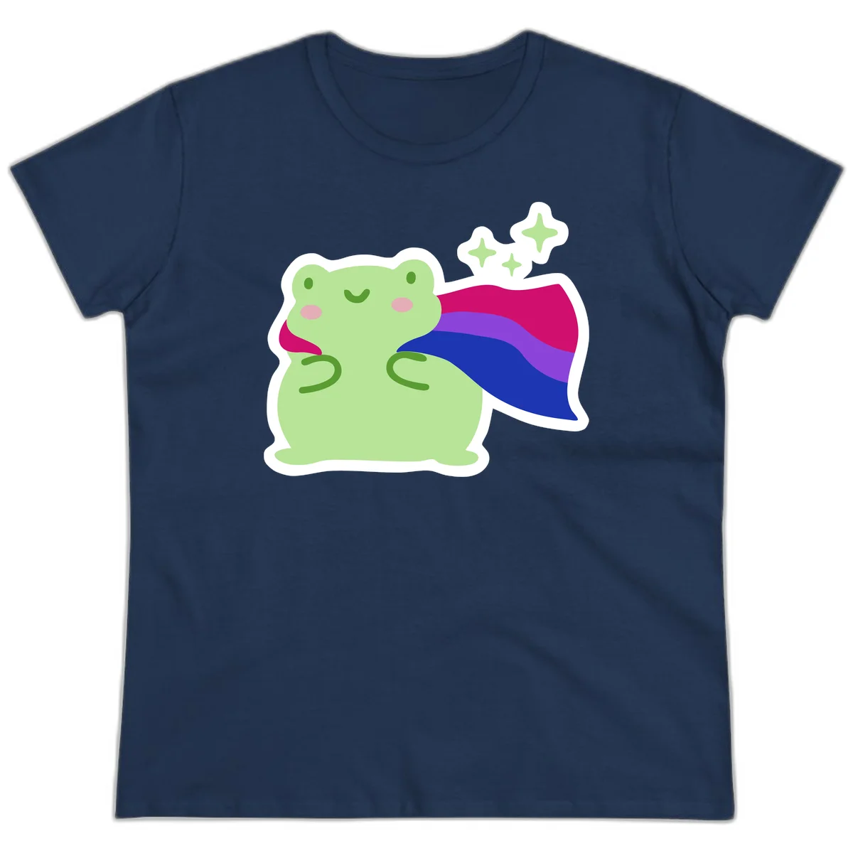 Smiling green frog wearing a flowing rainbow cape with floating sparkles, pride-frog-cape design illustration in Navy
